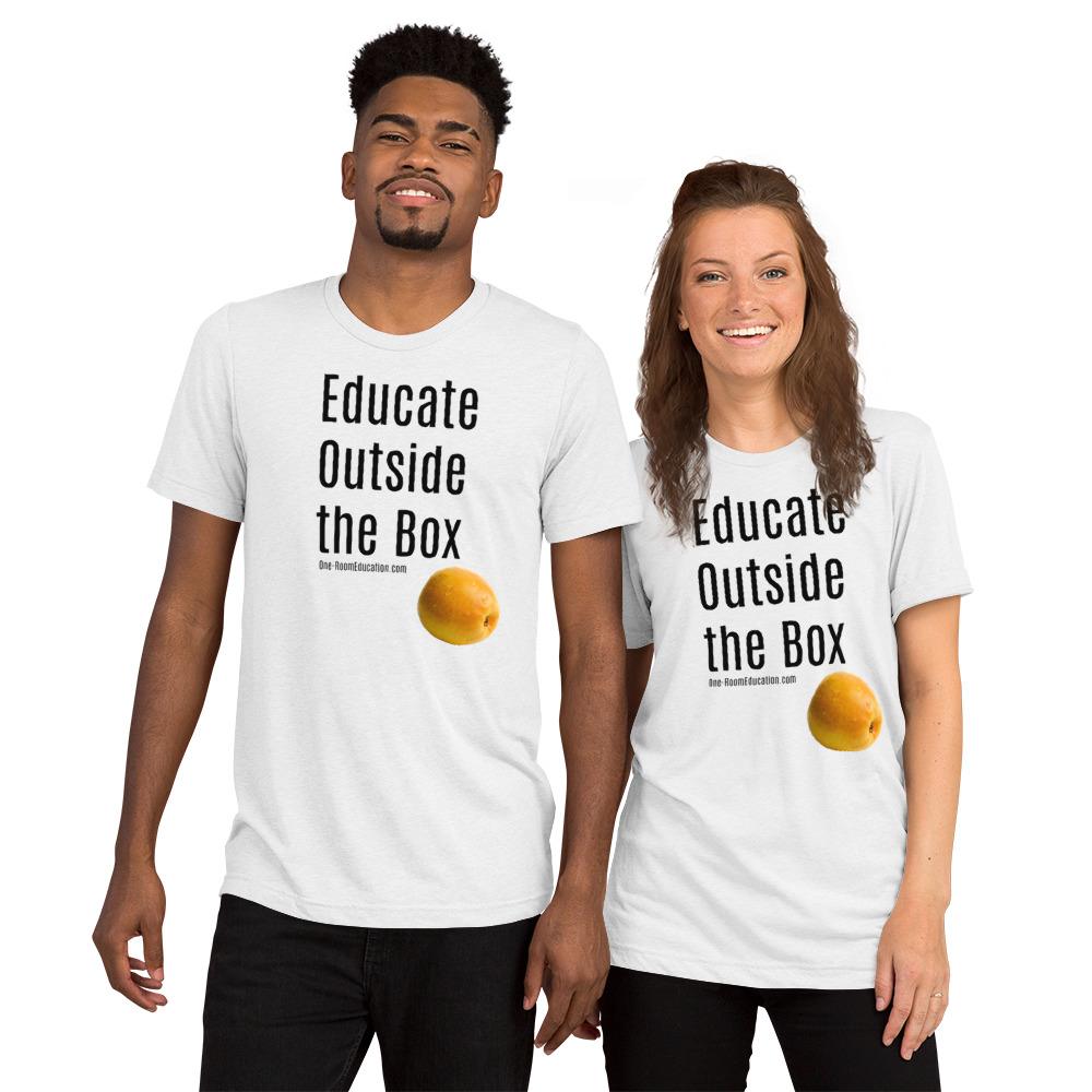 "Educate Outside the Box" t-shirt. Copyright, One-Room Education LLC, 2023.